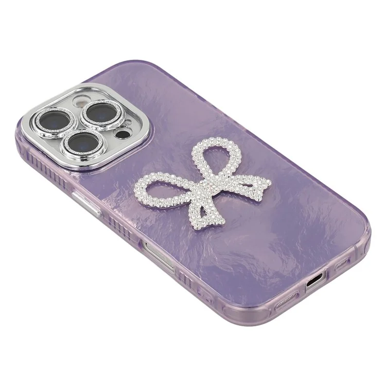 Étui pour iPhone 16 Pro avec Nœud Décoratif Grand Format Motif IMD PC + TPU Housse de Téléphone avec Film de Protection d'Objectif en Verre - Motif Métallisé / Violet