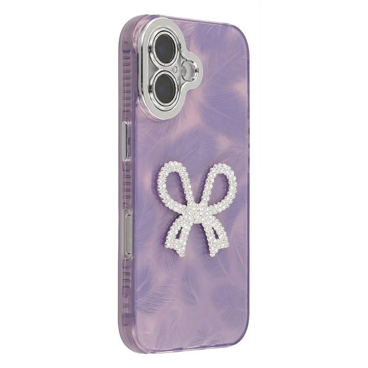 Étui pour iPhone 16 avec grand nœud décoratif IMD PC + Housse de téléphone TPU avec film en verre - Motif plume / Violet