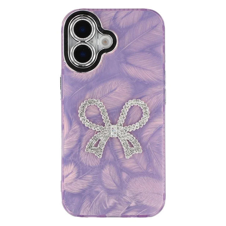 Étui pour iPhone 16 avec grand nœud décoratif IMD PC + Housse de téléphone TPU avec film en verre - Motif plume / Violet