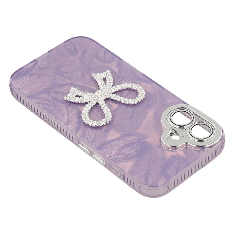 Étui pour iPhone 16 avec grand nœud décoratif IMD PC + Housse de téléphone TPU avec film en verre - Motif plume / Violet