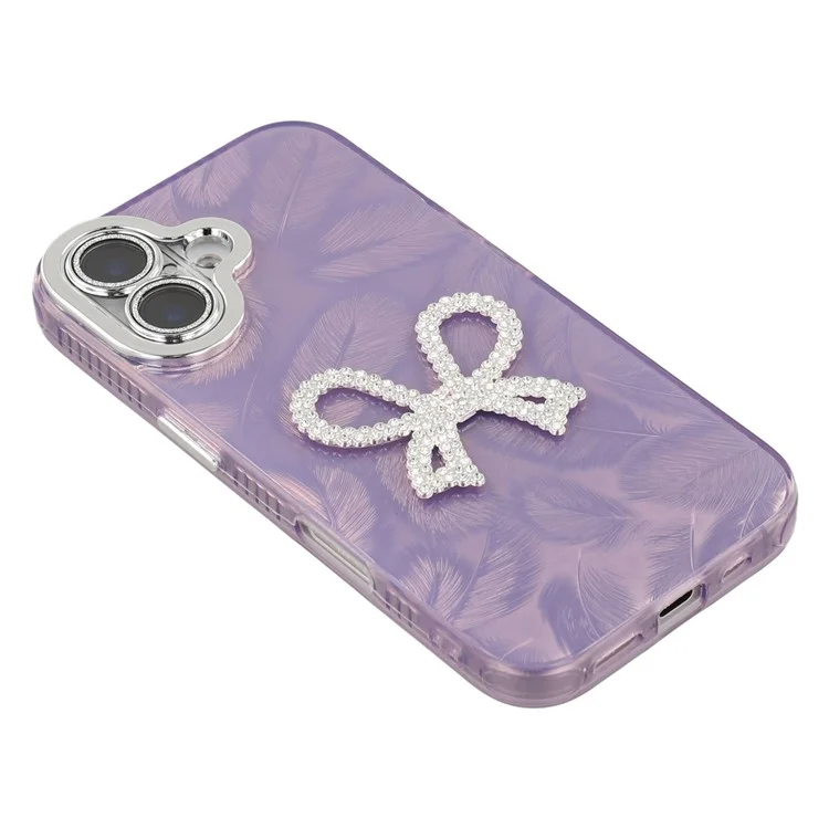 Étui pour iPhone 16 avec grand nœud décoratif IMD PC + Housse de téléphone TPU avec film en verre - Motif plume / Violet