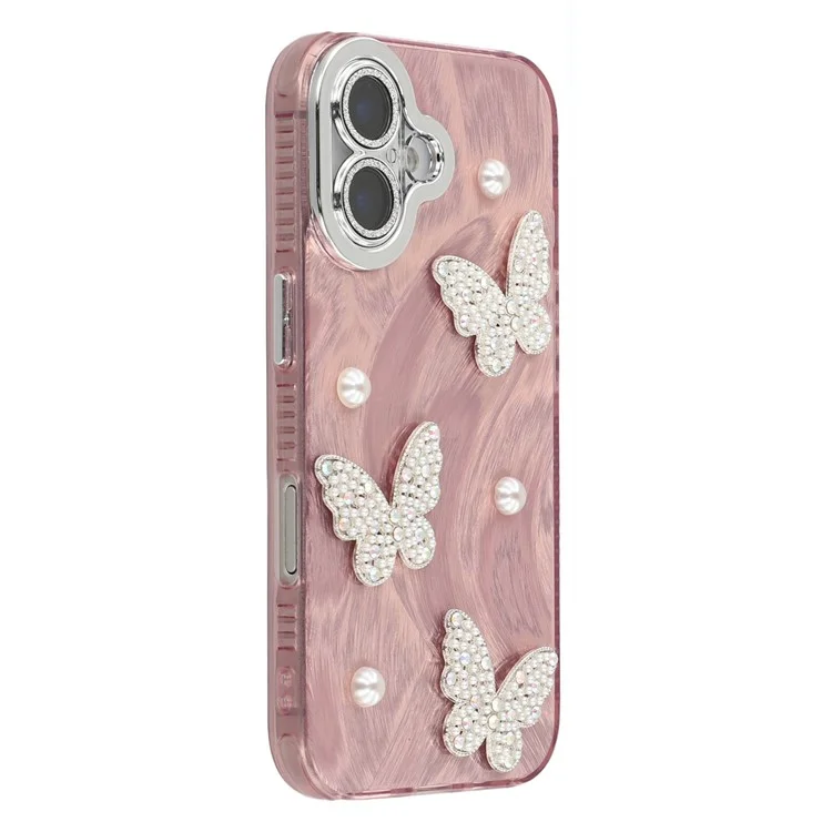 Funda para iPhone 16 con Mariposas y Perlas, Diseño IMD de PC + TPU con Película Protectora de Lente de Vidrio - Patrón de Pluma de Hilo / Oro Rosa