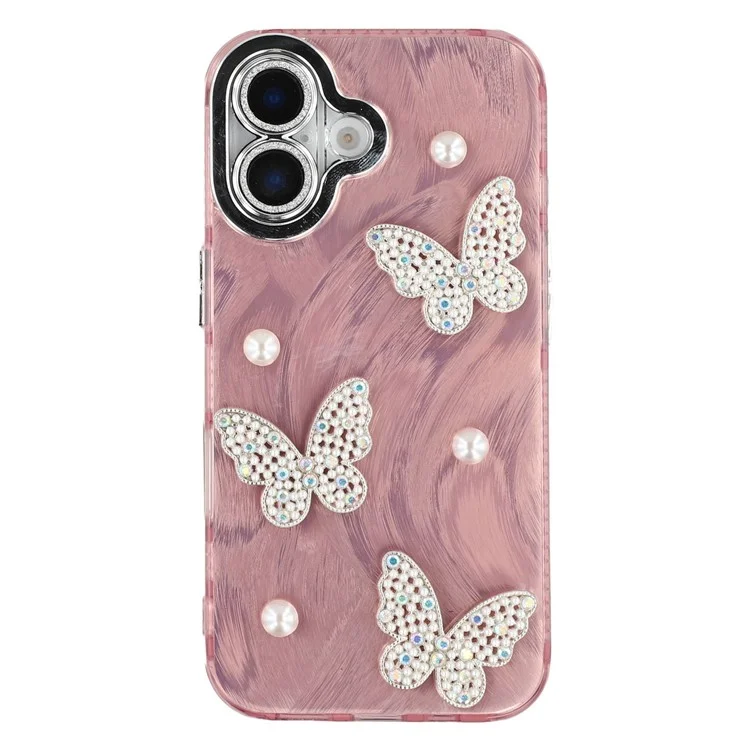 Funda para iPhone 16 con Mariposas y Perlas, Diseño IMD de PC + TPU con Película Protectora de Lente de Vidrio - Patrón de Pluma de Hilo / Oro Rosa