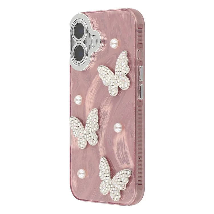 Funda para iPhone 16 con Mariposas y Perlas, Diseño IMD de PC + TPU con Película Protectora de Lente de Vidrio - Patrón de Pluma de Hilo / Oro Rosa