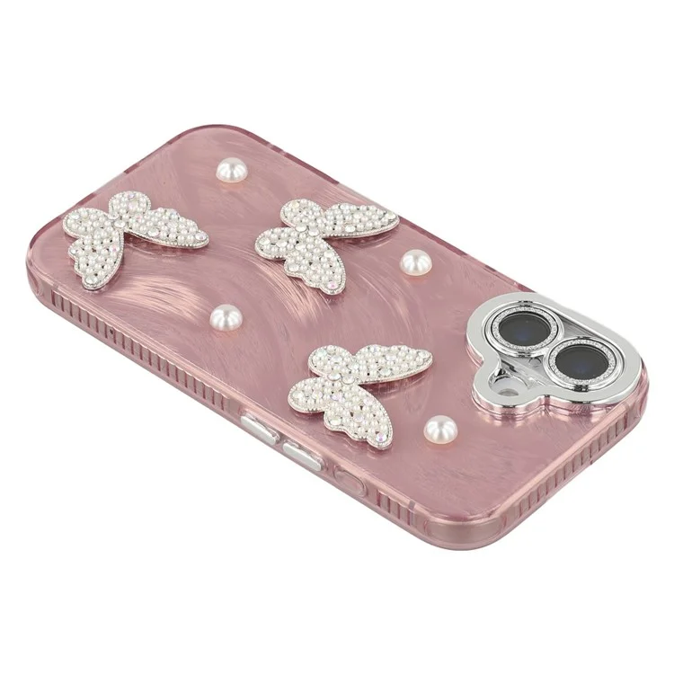 Funda para iPhone 16 con Mariposas y Perlas, Diseño IMD de PC + TPU con Película Protectora de Lente de Vidrio - Patrón de Pluma de Hilo / Oro Rosa