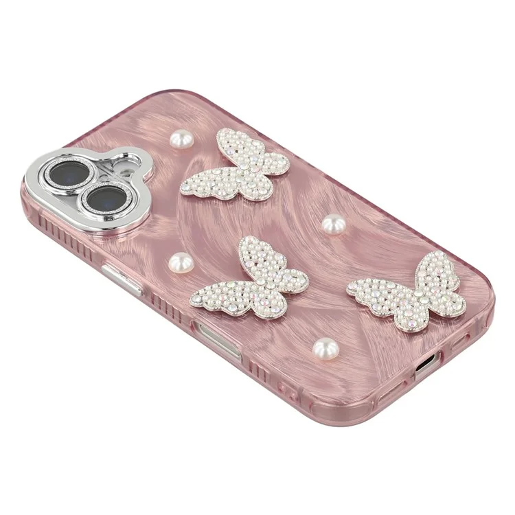 Funda para iPhone 16 con Mariposas y Perlas, Diseño IMD de PC + TPU con Película Protectora de Lente de Vidrio - Patrón de Pluma de Hilo / Oro Rosa