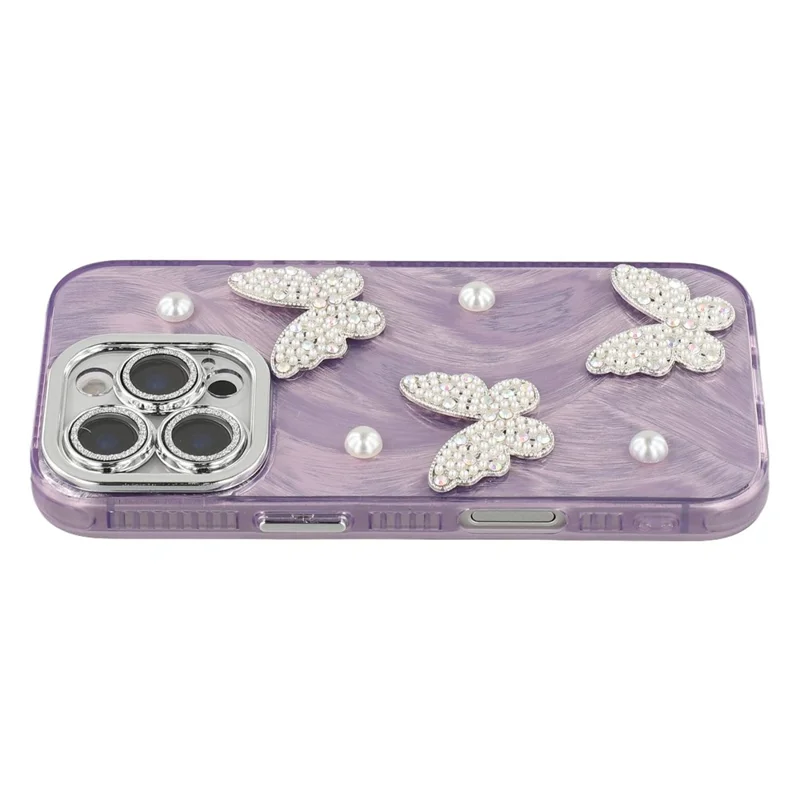 For iPhone 16 Pro Case Butterfly Pearl Decor IMD PC + TPU Phone Cover with Glass Lens Film - Feather Yarn Pattern / Purple