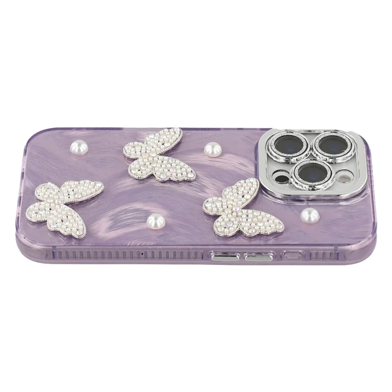 For iPhone 16 Pro Case Butterfly Pearl Decor IMD PC + TPU Phone Cover with Glass Lens Film - Feather Yarn Pattern / Purple