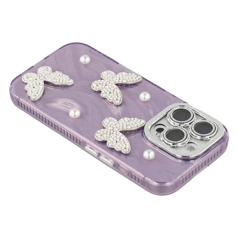 For iPhone 16 Pro Case Butterfly Pearl Decor IMD PC + TPU Phone Cover with Glass Lens Film - Feather Yarn Pattern / Purple
