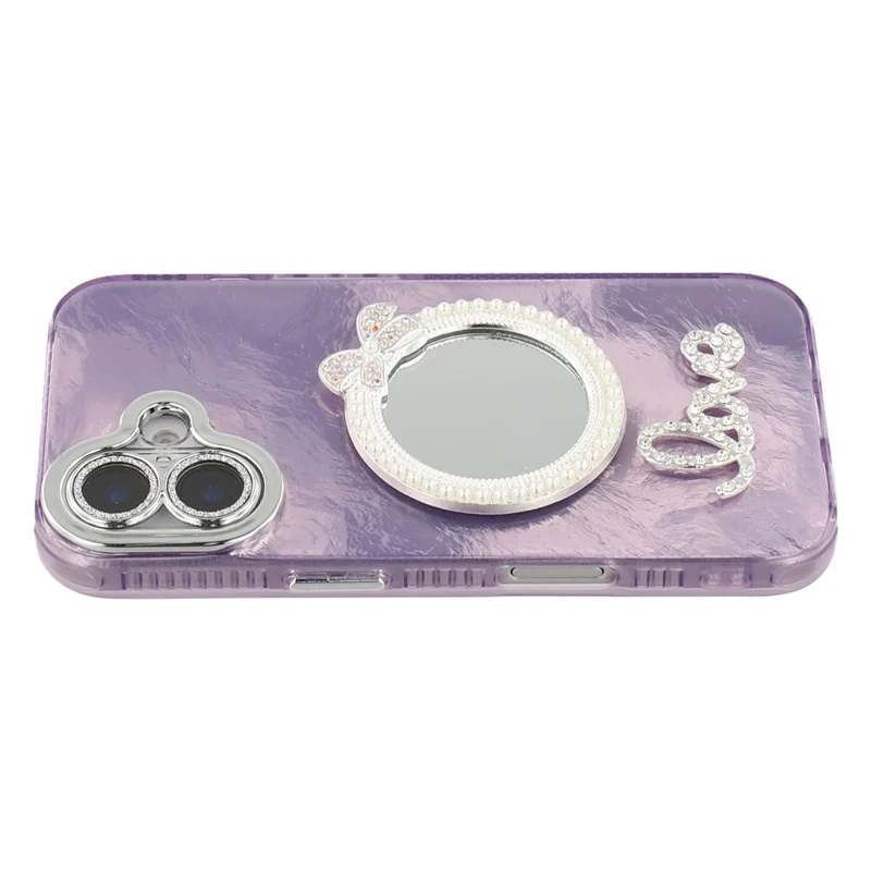 For iPhone 16 Case with Mirror IMD PC + TPU Phone Cover with Glass Lens Film - Foil Pattern / Purple