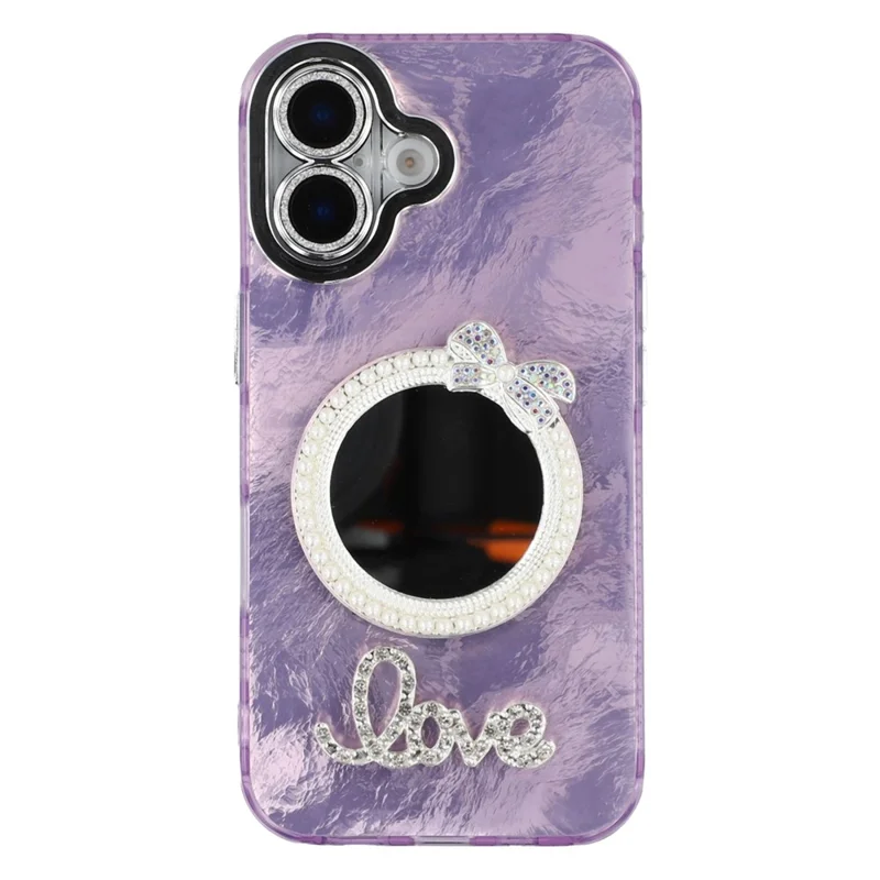 For iPhone 16 Case with Mirror IMD PC + TPU Phone Cover with Glass Lens Film - Foil Pattern / Purple