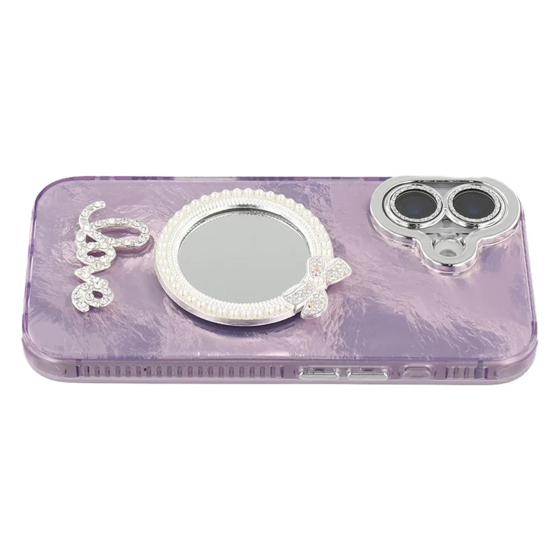 For iPhone 16 Case with Mirror IMD PC + TPU Phone Cover with Glass Lens Film - Foil Pattern / Purple