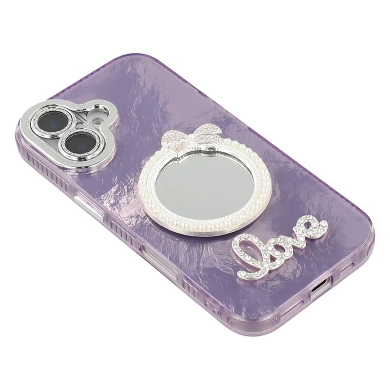 For iPhone 16 Case with Mirror IMD PC + TPU Phone Cover with Glass Lens Film - Foil Pattern / Purple