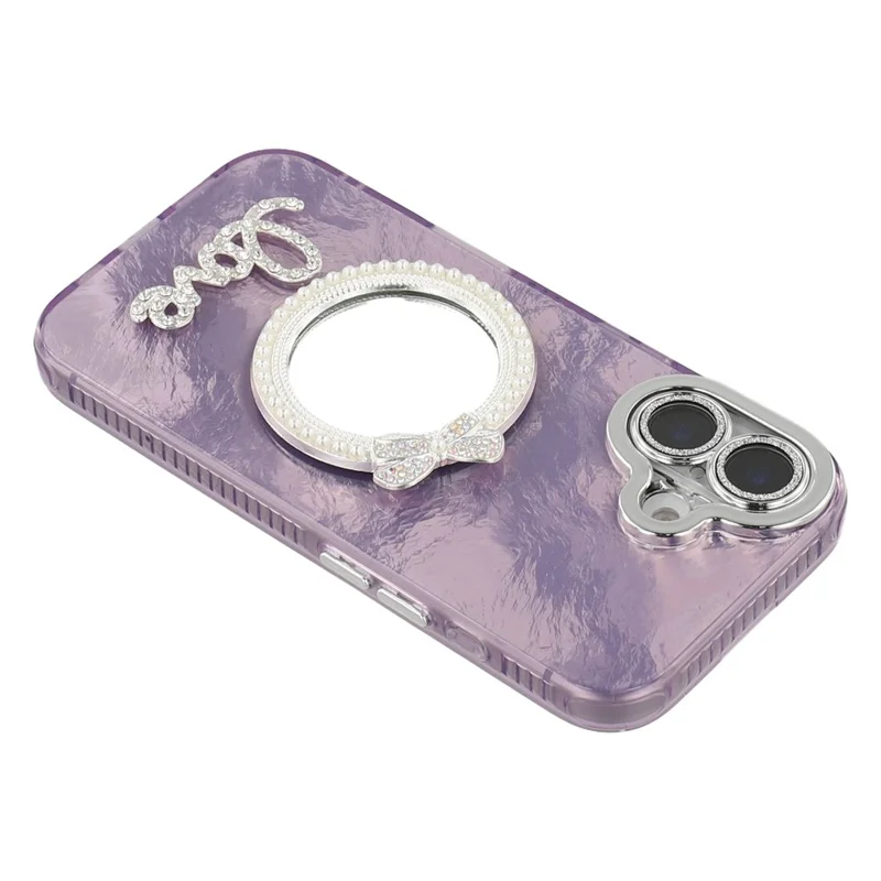 For iPhone 16 Case with Mirror IMD PC + TPU Phone Cover with Glass Lens Film - Foil Pattern / Purple