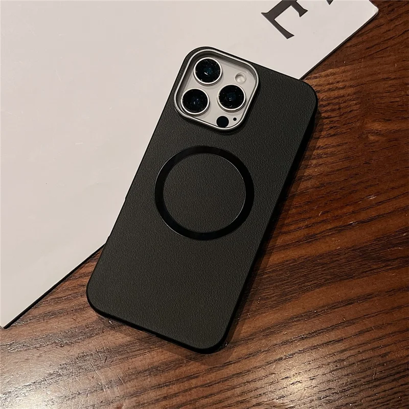 For iPhone 16 Pro Phone Cases Leather Texture TPU Back Cover Support Wireless Charging - Black