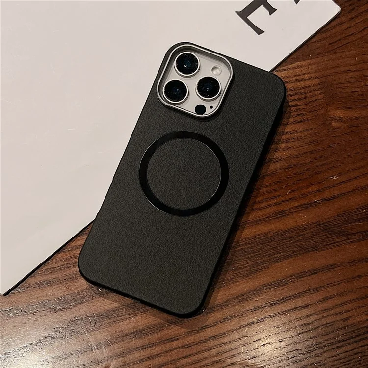 For iPhone 15 Pro Max Phone Cases Leather Texture TPU Back Cover Support Wireless Charging - Black