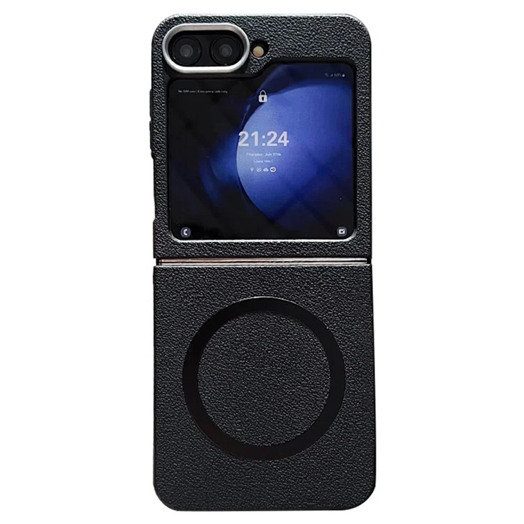 For Samsung Galaxy Z Flip6 5G Phone Cases Leather Texture TPU Back Cover Support Wireless Charging - Black