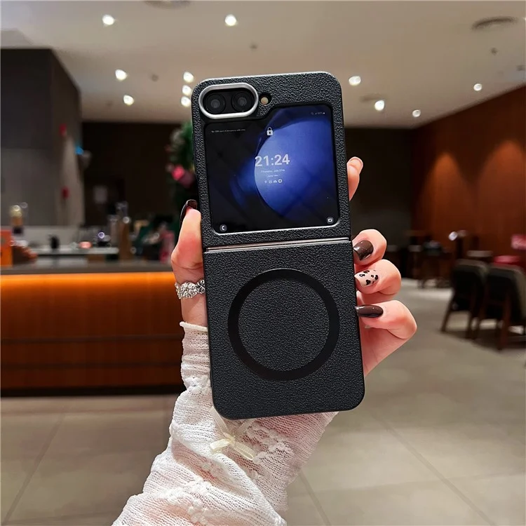 For Samsung Galaxy Z Flip6 5G Phone Cases Leather Texture TPU Back Cover Support Wireless Charging - Black