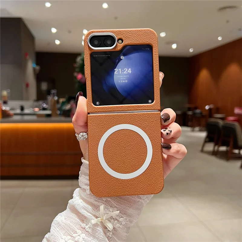 For Samsung Galaxy Z Flip7 FE 5G / Z Flip6 5G Phone Cases Leather Texture TPU Back Cover Support Wireless Charging - Brown