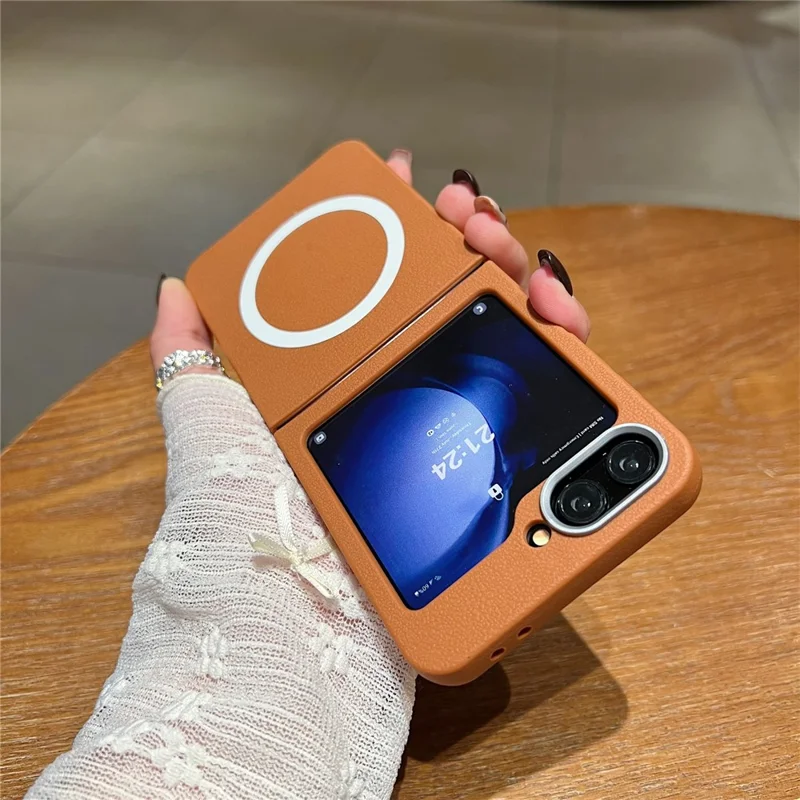 For Samsung Galaxy Z Flip7 FE 5G / Z Flip6 5G Phone Cases Leather Texture TPU Back Cover Support Wireless Charging - Brown