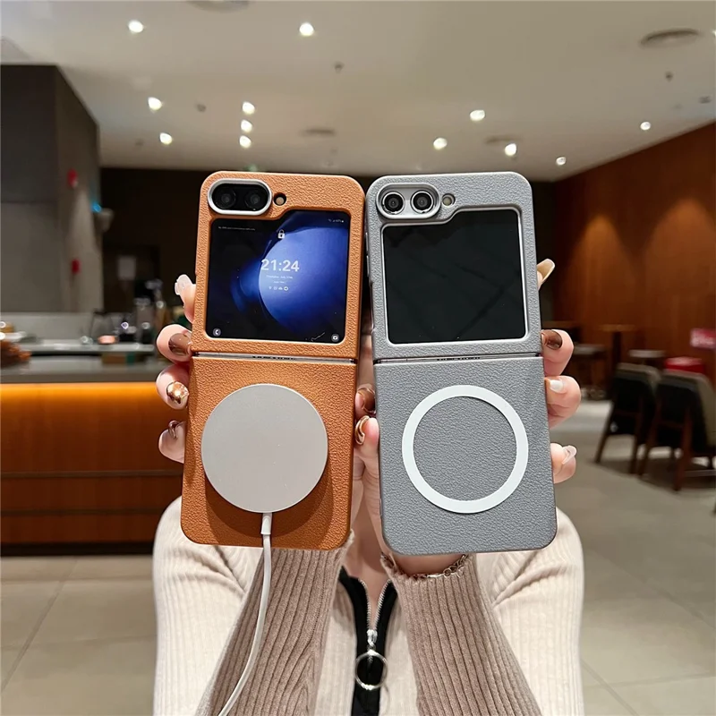 For Samsung Galaxy Z Flip7 FE 5G / Z Flip6 5G Phone Cases Leather Texture TPU Back Cover Support Wireless Charging - Brown