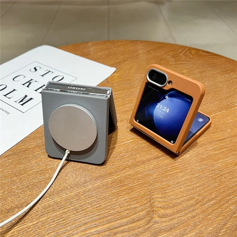 For Samsung Galaxy Z Flip7 FE 5G / Z Flip6 5G Phone Cases Leather Texture TPU Back Cover Support Wireless Charging - Brown