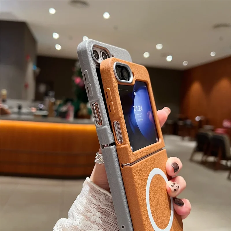 For Samsung Galaxy Z Flip7 FE 5G / Z Flip6 5G Phone Cases Leather Texture TPU Back Cover Support Wireless Charging - Brown