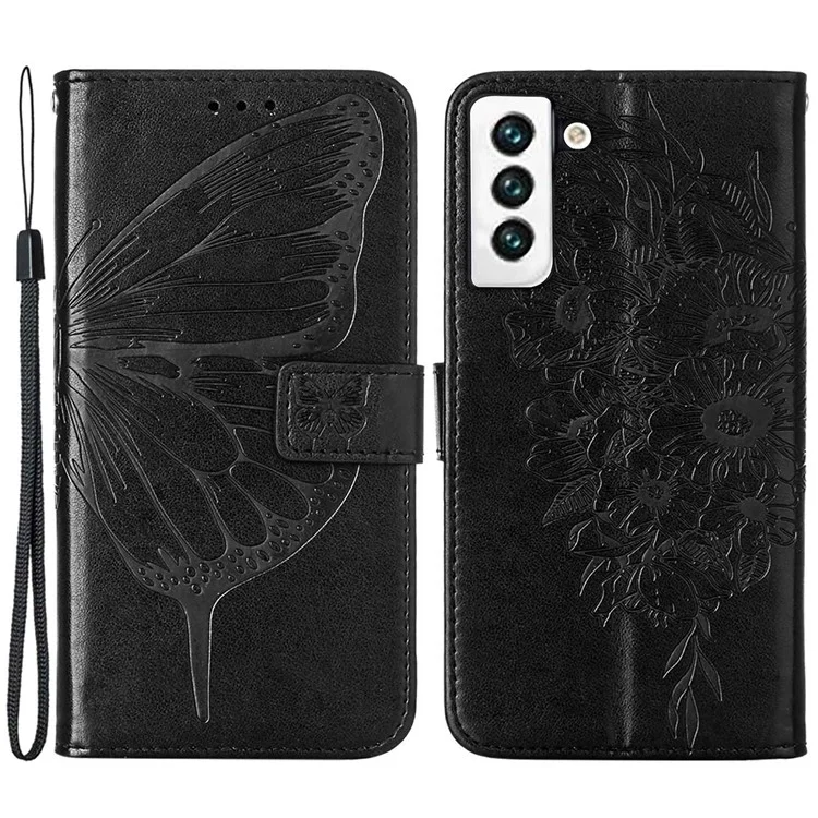 YB Imprinting Series-4 pour Samsung Galaxy S23 Butterfly Flower Imprinted PU Leather Shockproof Case Foldable Stand Wallet Cover with Strap - Noir