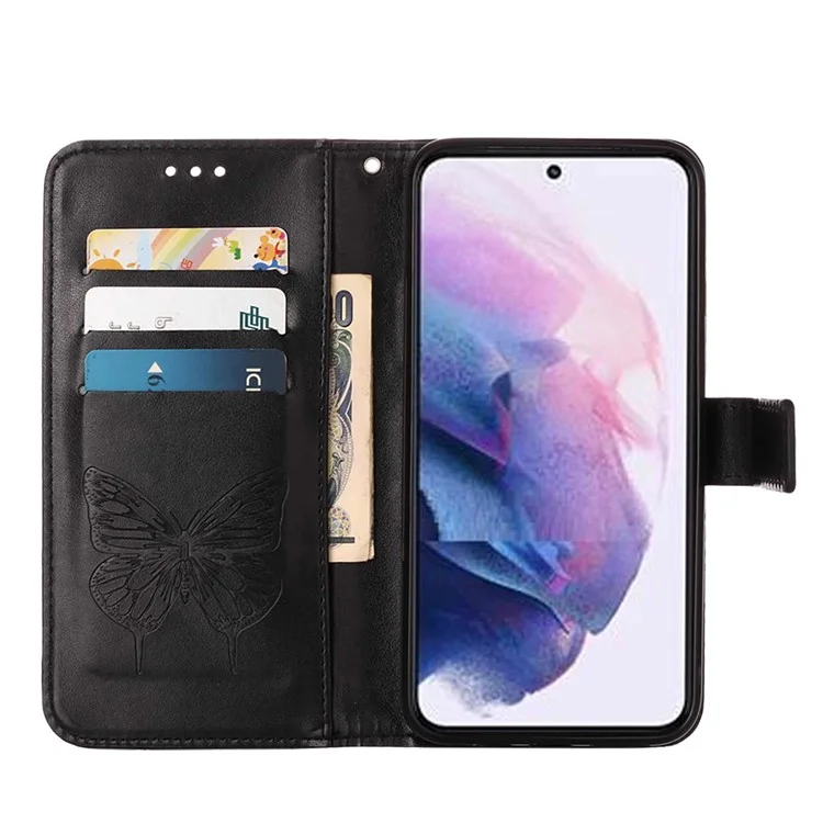 YB Imprinting Series-4 pour Samsung Galaxy S23 Butterfly Flower Imprinted PU Leather Shockproof Case Foldable Stand Wallet Cover with Strap - Noir