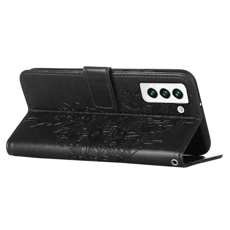 YB Imprinting Series-4 pour Samsung Galaxy S23 Butterfly Flower Imprinted PU Leather Shockproof Case Foldable Stand Wallet Cover with Strap - Noir