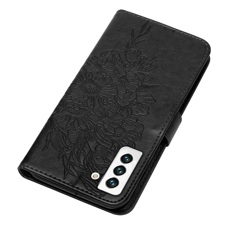 YB Imprinting Series-4 pour Samsung Galaxy S23 Butterfly Flower Imprinted PU Leather Shockproof Case Foldable Stand Wallet Cover with Strap - Noir