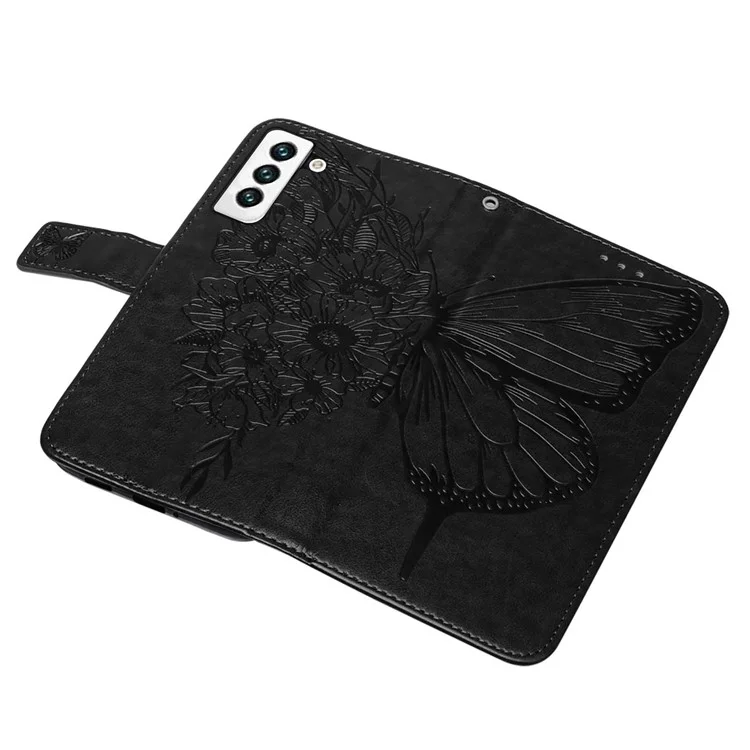 YB Imprinting Series-4 pour Samsung Galaxy S23 Butterfly Flower Imprinted PU Leather Shockproof Case Foldable Stand Wallet Cover with Strap - Noir