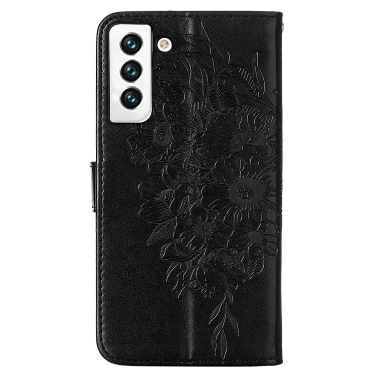 YB Imprinting Series-4 pour Samsung Galaxy S23 Butterfly Flower Imprinted PU Leather Shockproof Case Foldable Stand Wallet Cover with Strap - Noir