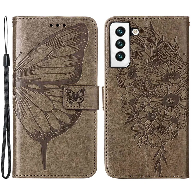 Étui portefeuille pour Samsung Galaxy S23 avec dragonne, housse en cuir avec motif papillon - Gris