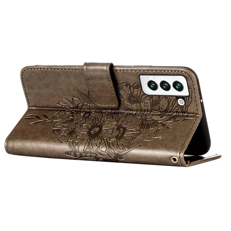 Étui portefeuille pour Samsung Galaxy S23 avec dragonne, housse en cuir avec motif papillon - Gris