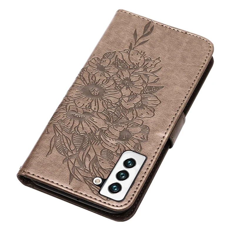Étui portefeuille pour Samsung Galaxy S23 avec dragonne, housse en cuir avec motif papillon - Gris