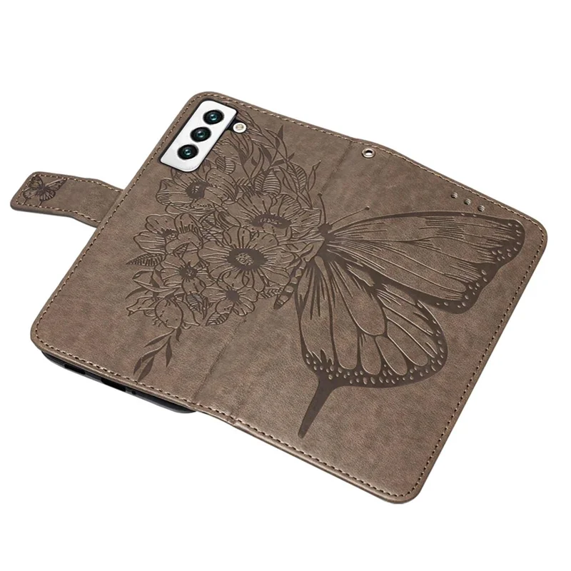 Étui portefeuille pour Samsung Galaxy S23 avec dragonne, housse en cuir avec motif papillon - Gris