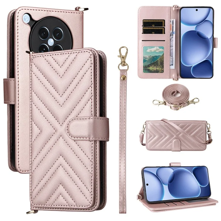 Capa Oppo Find X8s 5G com Alça de Ombro / Pulso, Couro, Suporte de Telefone Carteira - Rosa