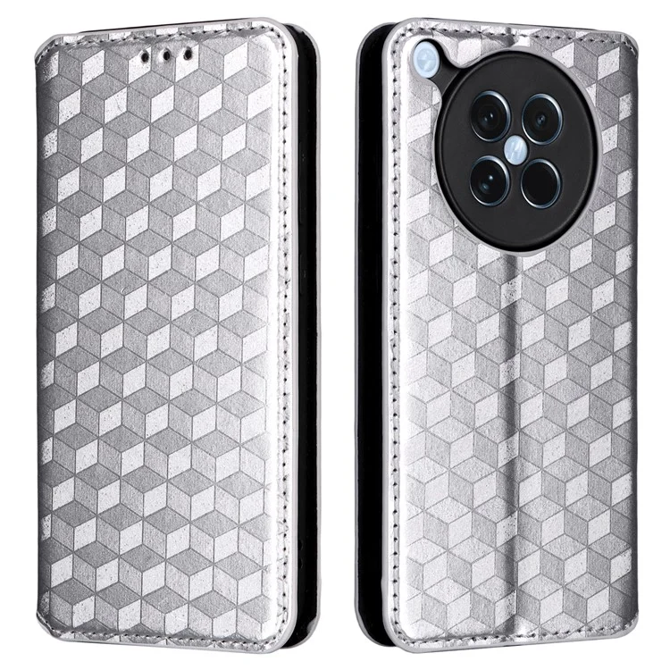 Capa Carteira para Oppo Find X8s 5G - Couro Estampado em Losango - Prata