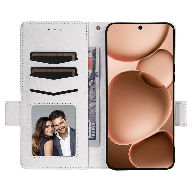 Til Oppo Find X8s+ 5G hylse med håndledsrem Litchi struktur PU læder wallet telefondæksel - Hvid