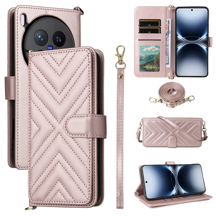 Für vivo X200 Ultra 5G Hülle mit Schulter- / Handschlaufe Leder Handyhülle Ständer Brieftasche - Rosa
