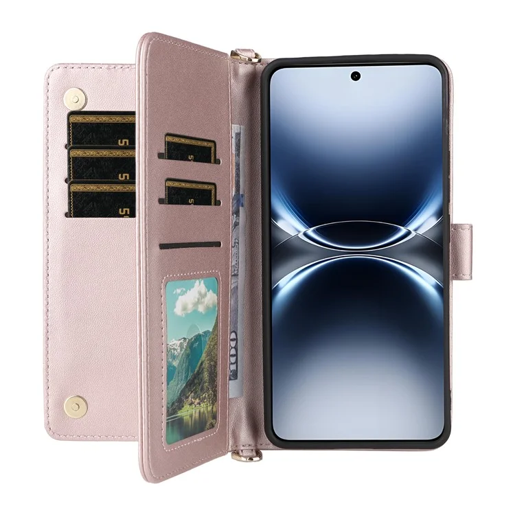 Für vivo X200 Ultra 5G Hülle mit Schulter- / Handschlaufe Leder Handyhülle Ständer Brieftasche - Rosa
