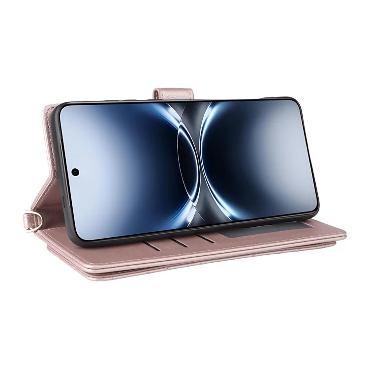 Für vivo X200 Ultra 5G Hülle mit Schulter- / Handschlaufe Leder Handyhülle Ständer Brieftasche - Rosa
