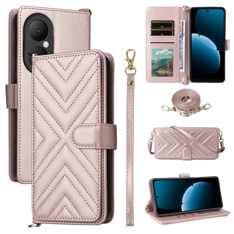 For Huawei Enjoy 80 Case with Shoulder / Wrist Strap Leather Phone Cover Stand Wallet - Pink