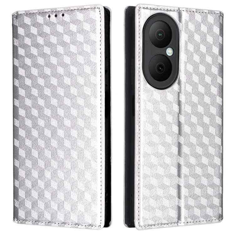 For Huawei Enjoy 80 Case Wallet Rhombus Imprinted Leather Phone Cover - Silver