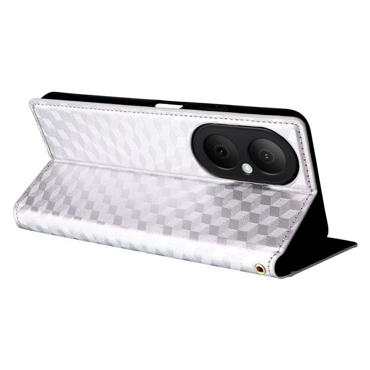 For Huawei Enjoy 80 Case Wallet Rhombus Imprinted Leather Phone Cover - Silver