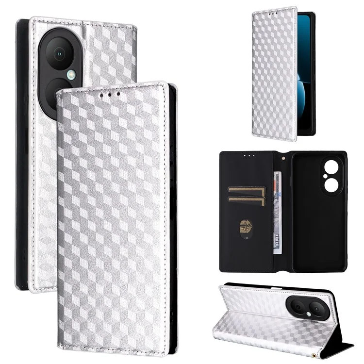 For Huawei Enjoy 80 Case Wallet Rhombus Imprinted Leather Phone Cover - Silver