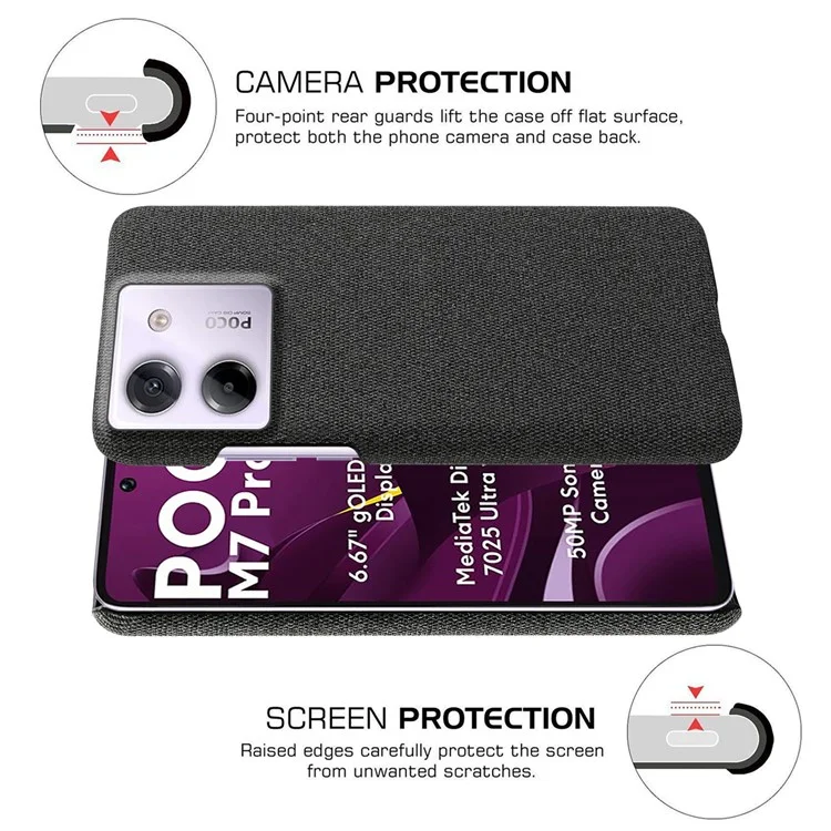 For Xiaomi Poco M7 Pro 5G Phone Case Cloth Texture Anti-Scratch Protective PC Back Cover - Black