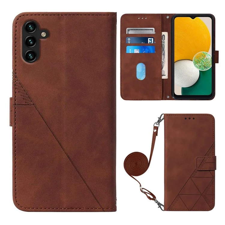 Für Samsung Galaxy A14 5G / A14 4G Telefonständer Hülle PU-Leder Geprägte Linien Wallet Cover mit Schultergurt - Braun