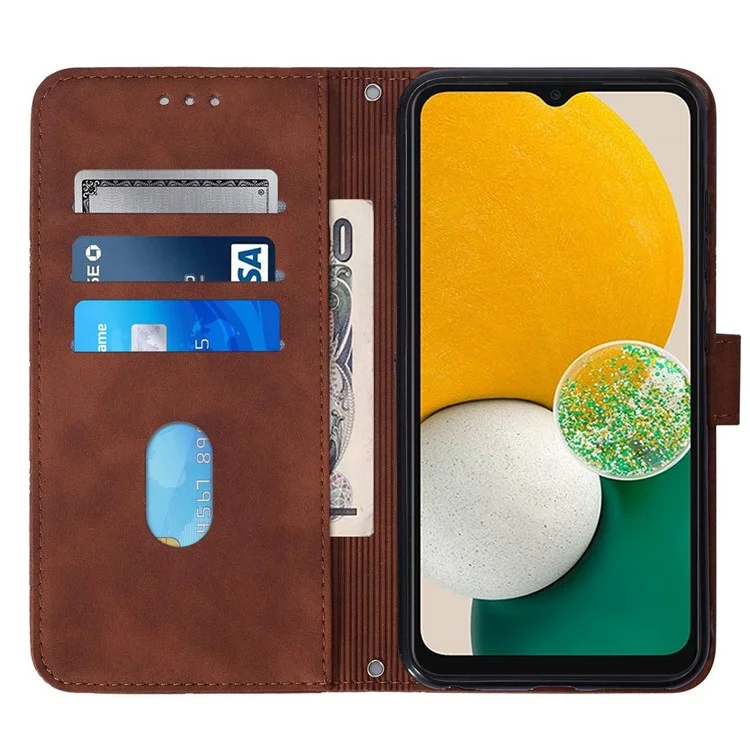 Für Samsung Galaxy A14 5G / A14 4G Telefonständer Hülle PU-Leder Geprägte Linien Wallet Cover mit Schultergurt - Braun